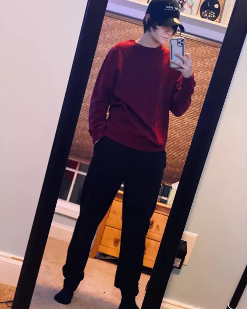 Thinking about a red crop top hoodie, fishnet undershirt with these sweats. Whatcha think?