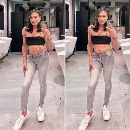 Bathroom mirror selfie. Been wanting to wear out this crop cami for awhile and today I finally did.