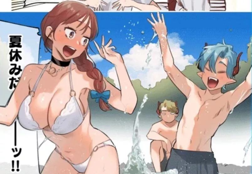 Lf color source: 1girl, 2boys, white bikini, bikini, ribbon, brown hair, long hair, splashing, shorts, short hair, blue hair, horns, closed eyes, blushing, collar, cloud, foreign texts