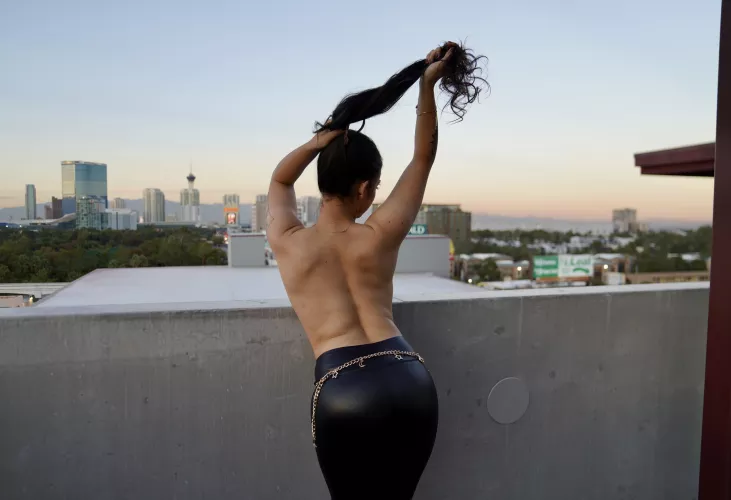 On the deck of a hotel/ resort in Las Vegas