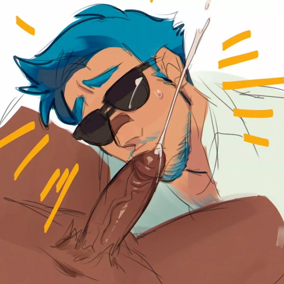Who is this guy wearing sunglasses, having blue hair, wearing a white shirt, and sucking a dick?