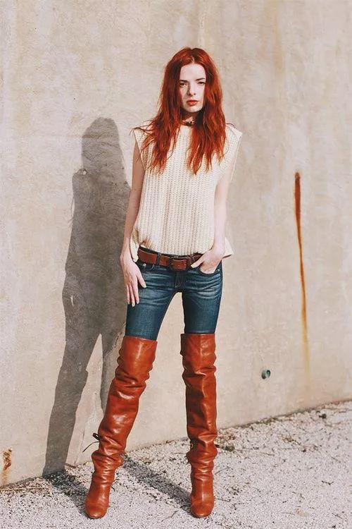 Jane Aldridge in brown leather boots and jeans