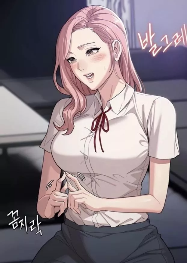 Lf color source: 1girl, pink hair, foreign sfx, black skirt, blushing, red knot, pink eyes