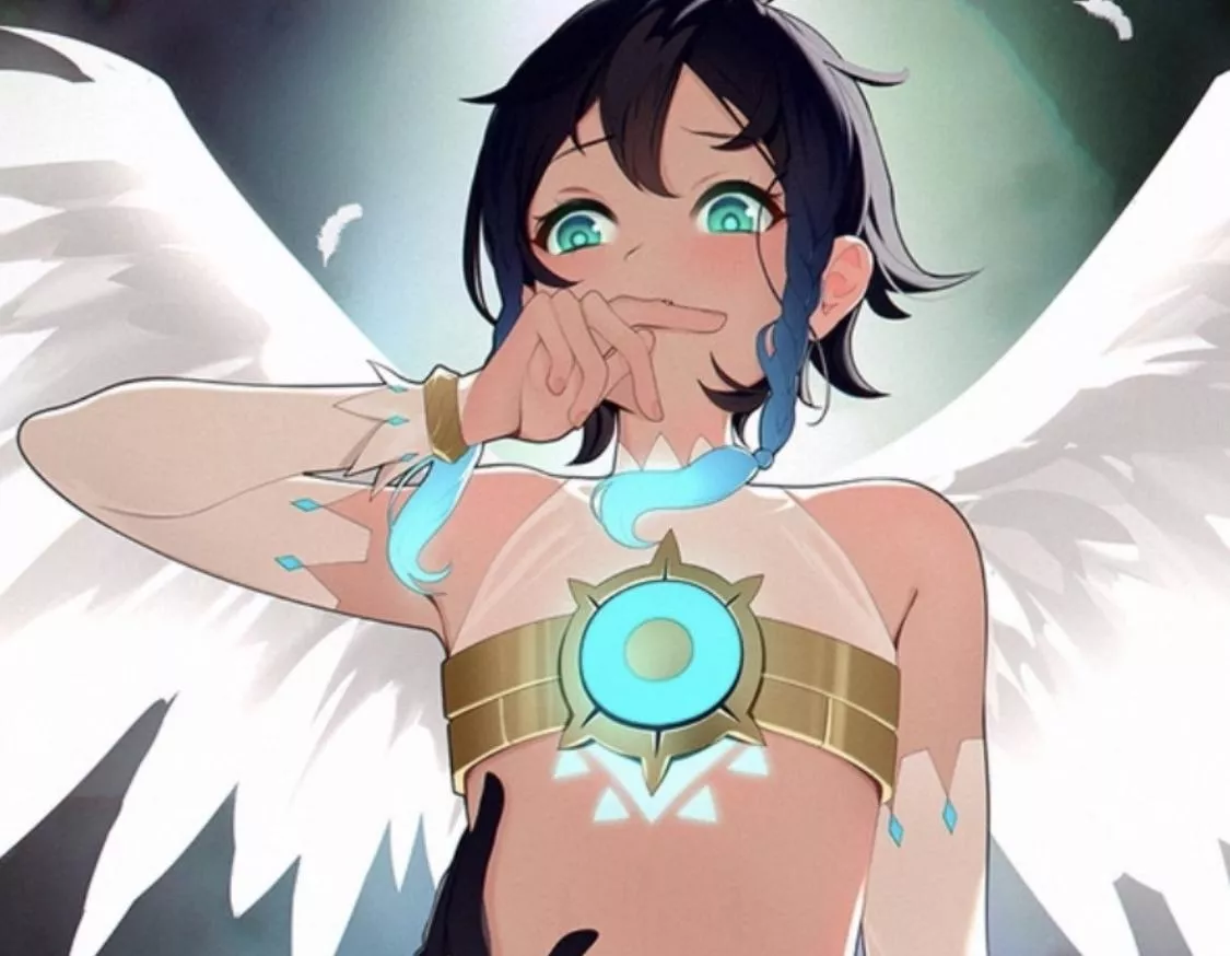 LF Color Source: venti archon, riding someone, covering his mouth, blushing, partially clothed