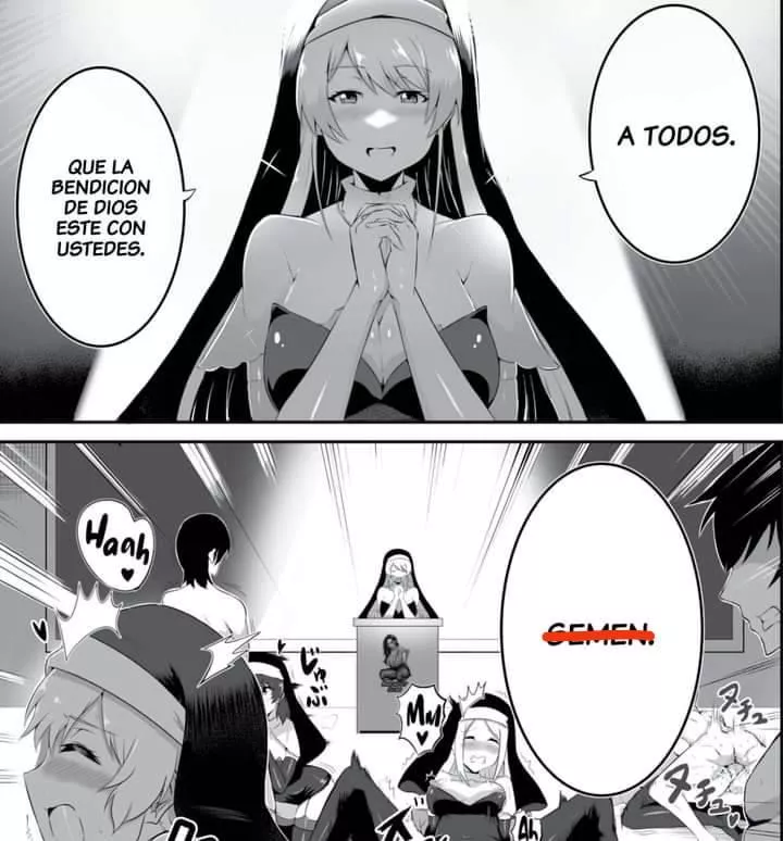 LF Mono Source: 5girls, 2boys, nun, big breasts, open mouth, orgy, blowjob, foreign sfx, foreign text: 