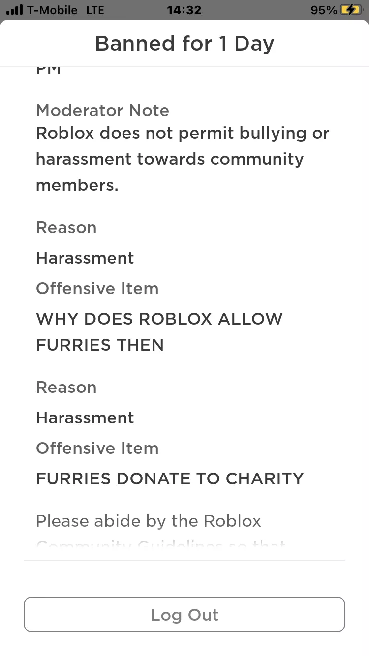 Roblox banned me for telling off furry hating bullies after I told them I’m not a criminal or a zoo. Roblox allows furries, so it should be okay to be a furry on roblox.