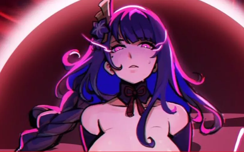 Color, 1girl, raiden shogun (genshin impact), looking at viewer, looking down, glowing eyes, purple hair, beauty mark, collar, glowing eyes, hair ornament, long hair