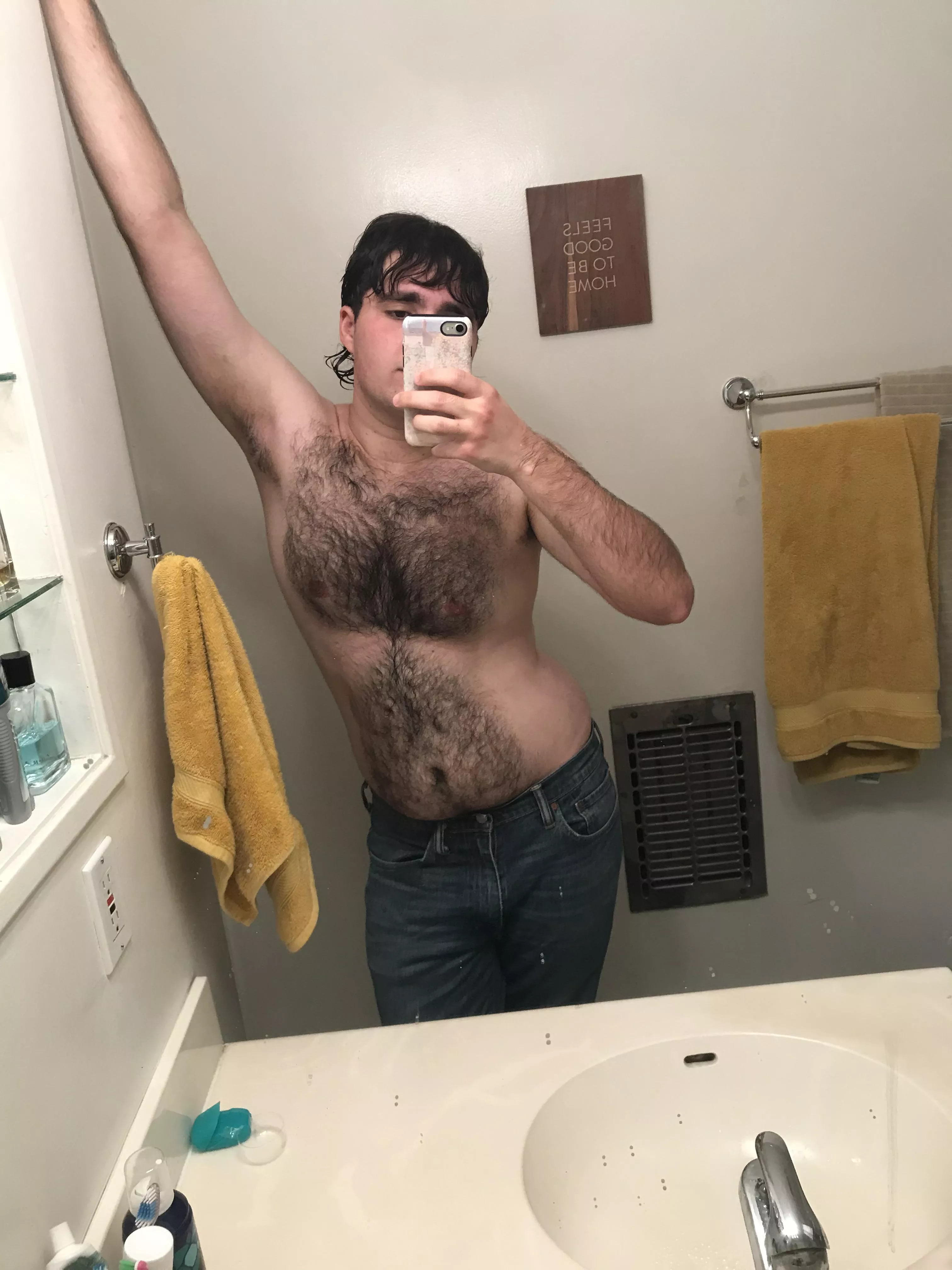 Jeans and Hair. Nothing else.