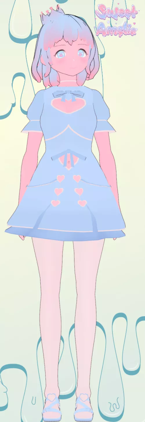 My (SweetAmelia) new 3D VTuber model but still the same slime girl princess! Commissioned from windwakinlink on Fiverr with edits by me.