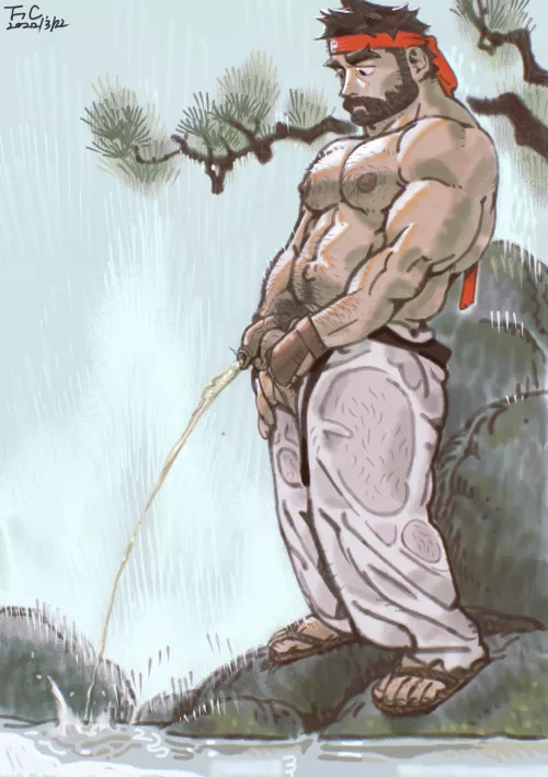 Ryu peeing above the waterfall