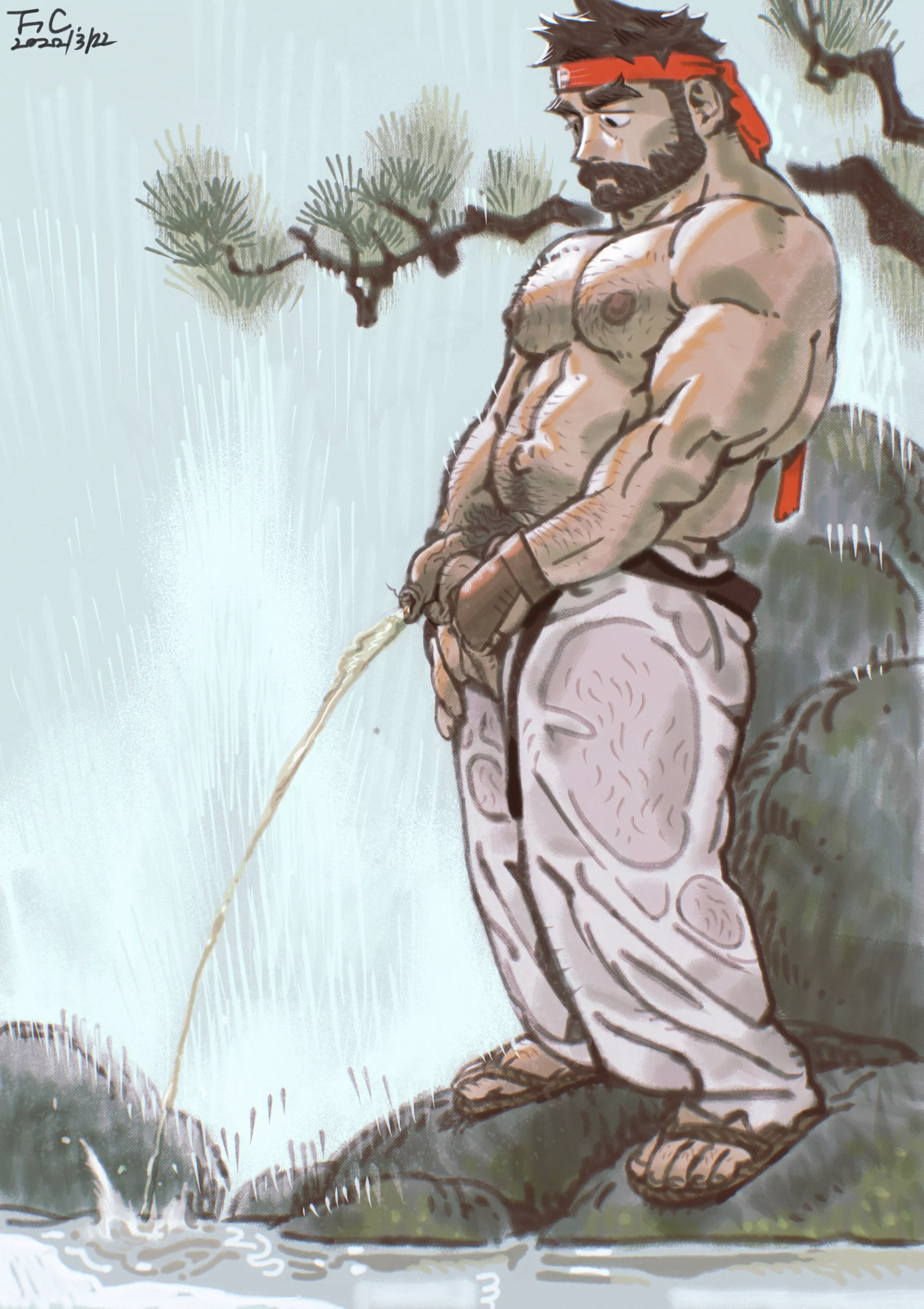 Ryu peeing above the waterfall