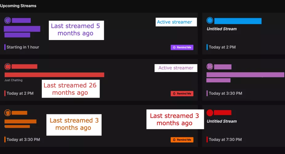 The Upcoming Streams section is mostly useless and unnecessary.