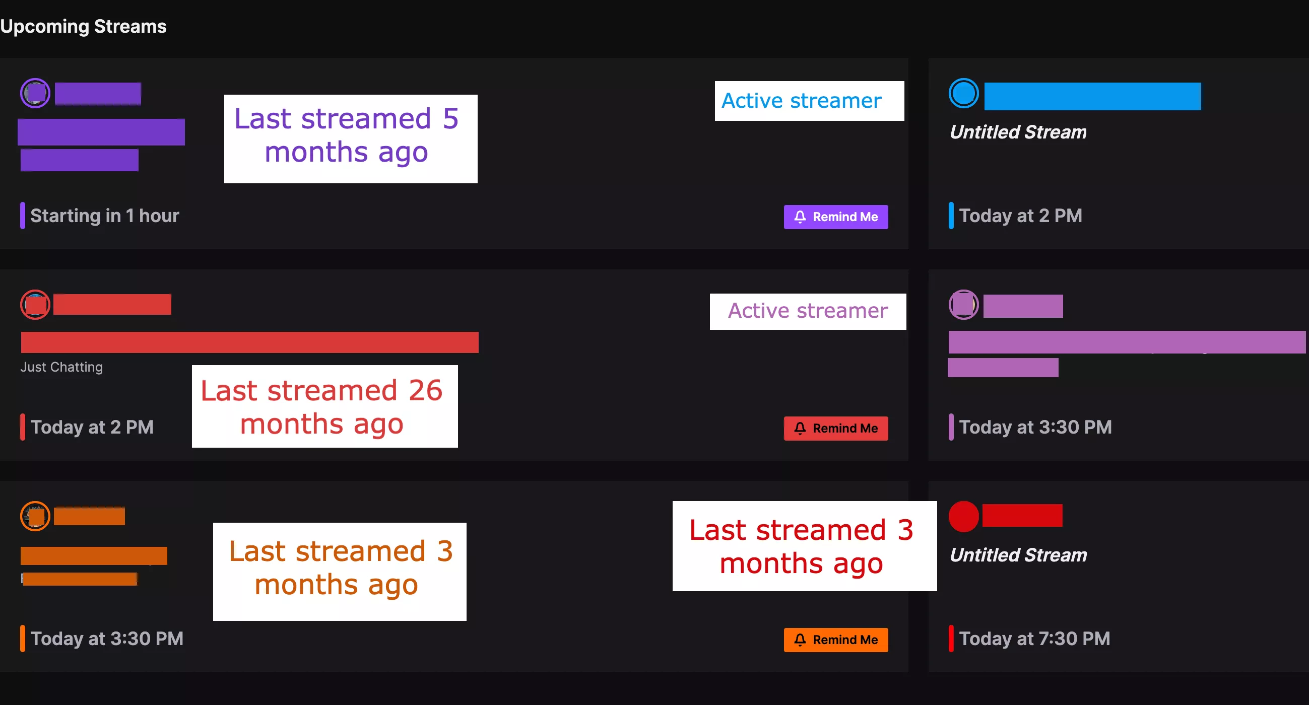 The Upcoming Streams section is mostly useless and unnecessary.