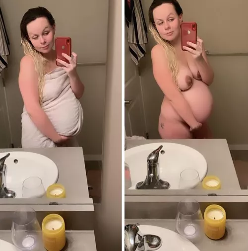 🫶🏻 My (almost) 36 week pregnant belly and tits, after a nice bath 😽💋