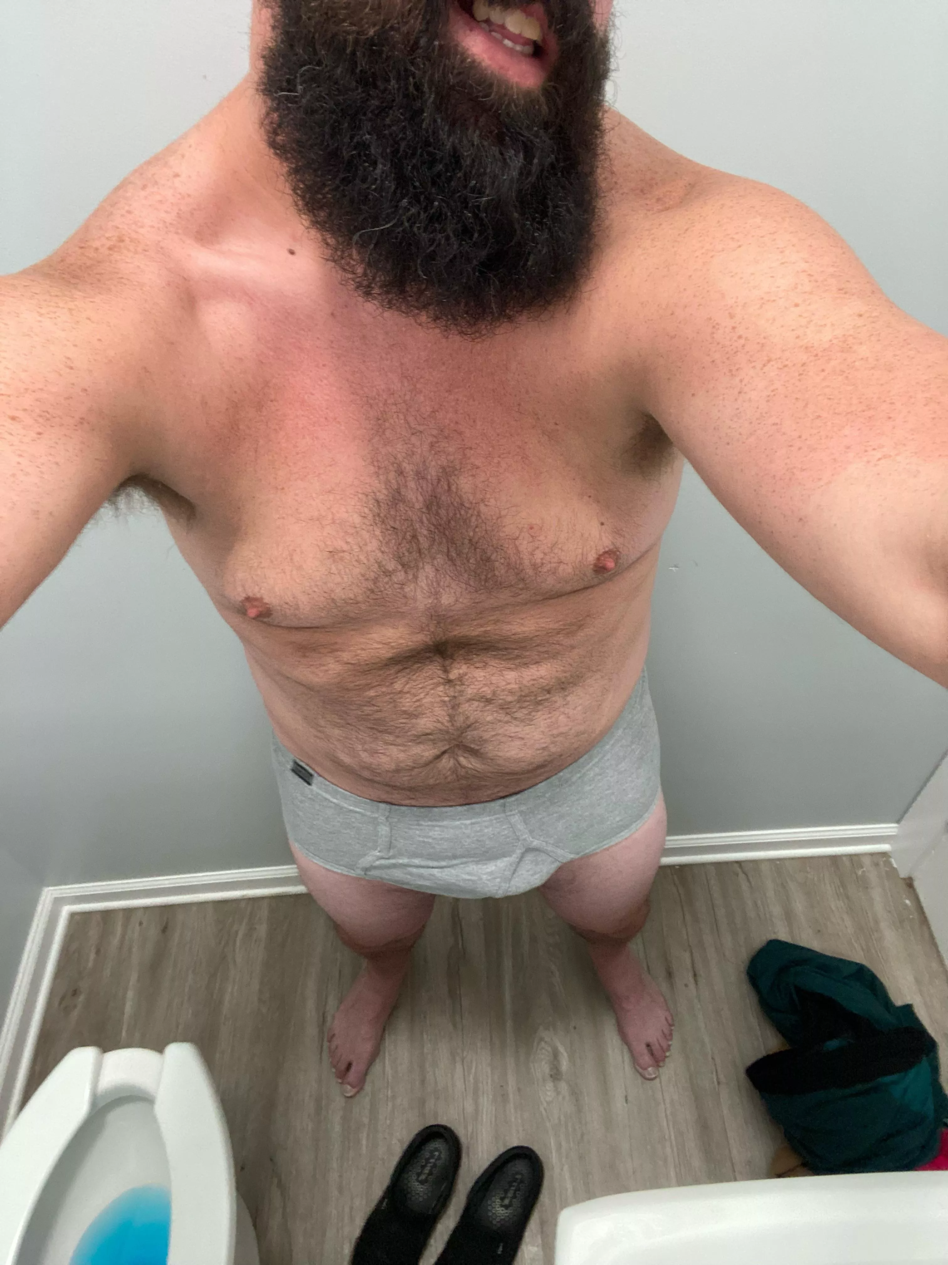 Still shirtless now without pants. PM’s open