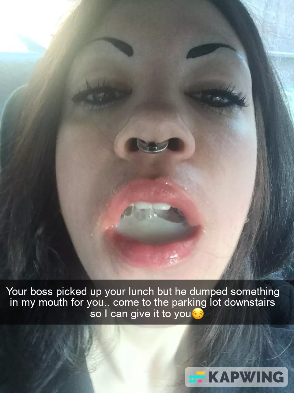 Your wife came to drop off your lunch at your workplace but your boss got to her first and picked it up and he also left a load of cum in her mouth for you to share with her😈