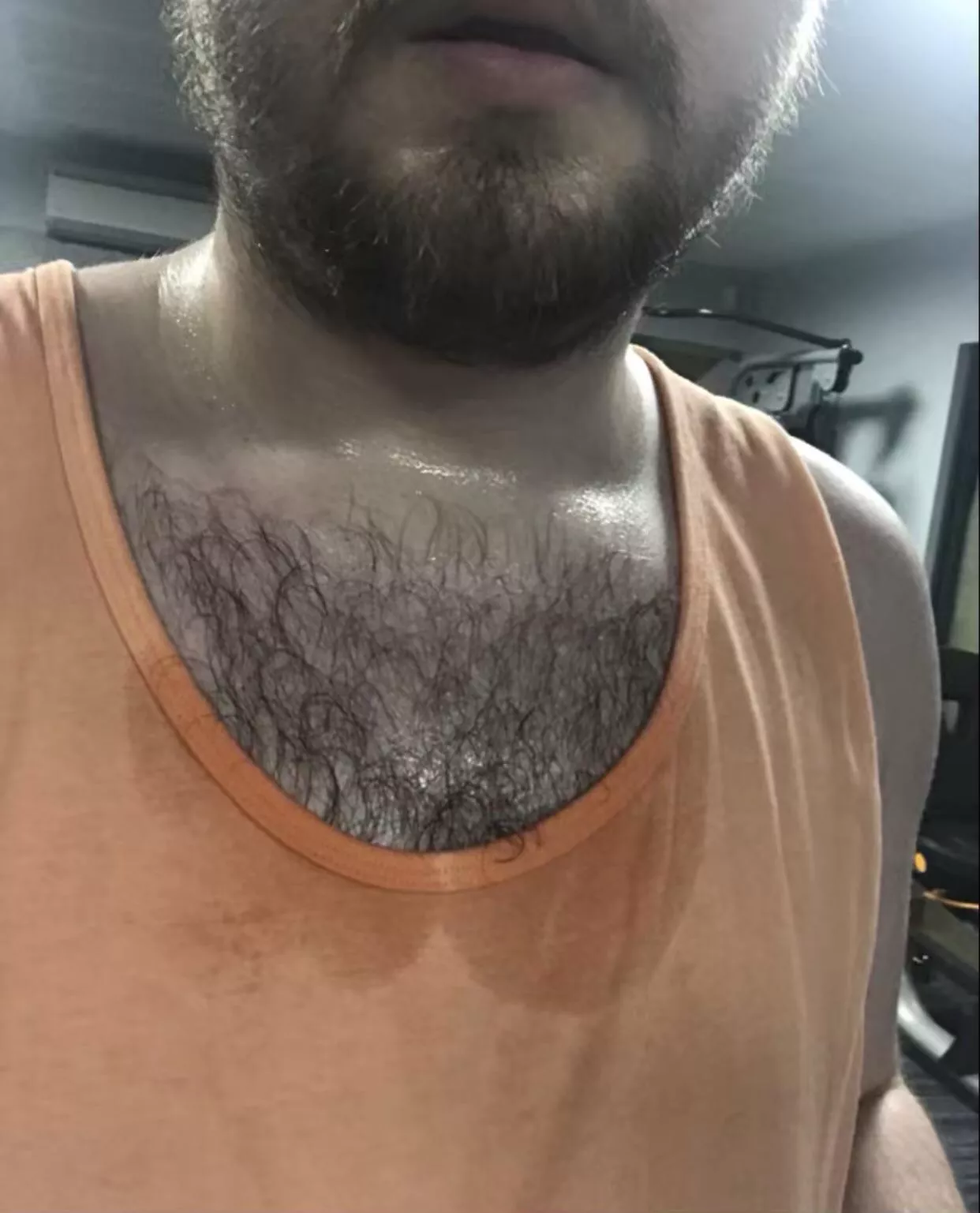 A bit of sweaty chest hair after the gym