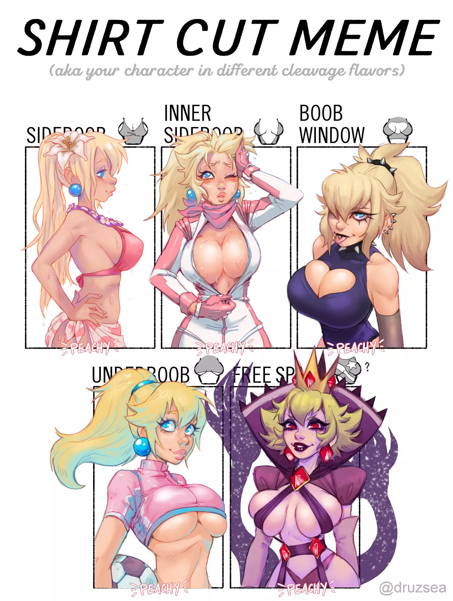 Princess Peach, Bowsette, Shadow Queen - Shirt cut meme for Peach lovers (Peachy) [Super Mario Bros, Mario Kart, Mario Strikers, Paper Mario]