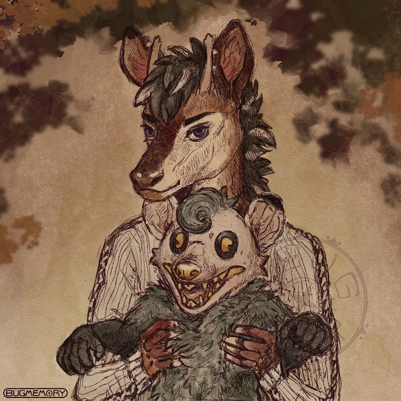 Finished autumn portrait for an okapi character! (including Muriel, my opossum!)