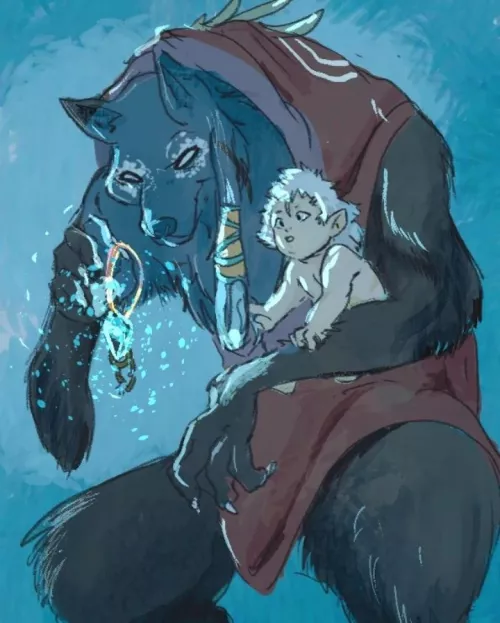 great mother of the werewolves clan nursing one of my protagonists of my comic [OC]