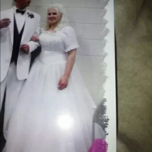HOT sexy gorgeous blonde BRIDE WEARING HER sexy PLUS SIZE David's bridal wedding dress
