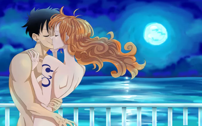 Luffy and Nami sharing a kiss in the moonlight