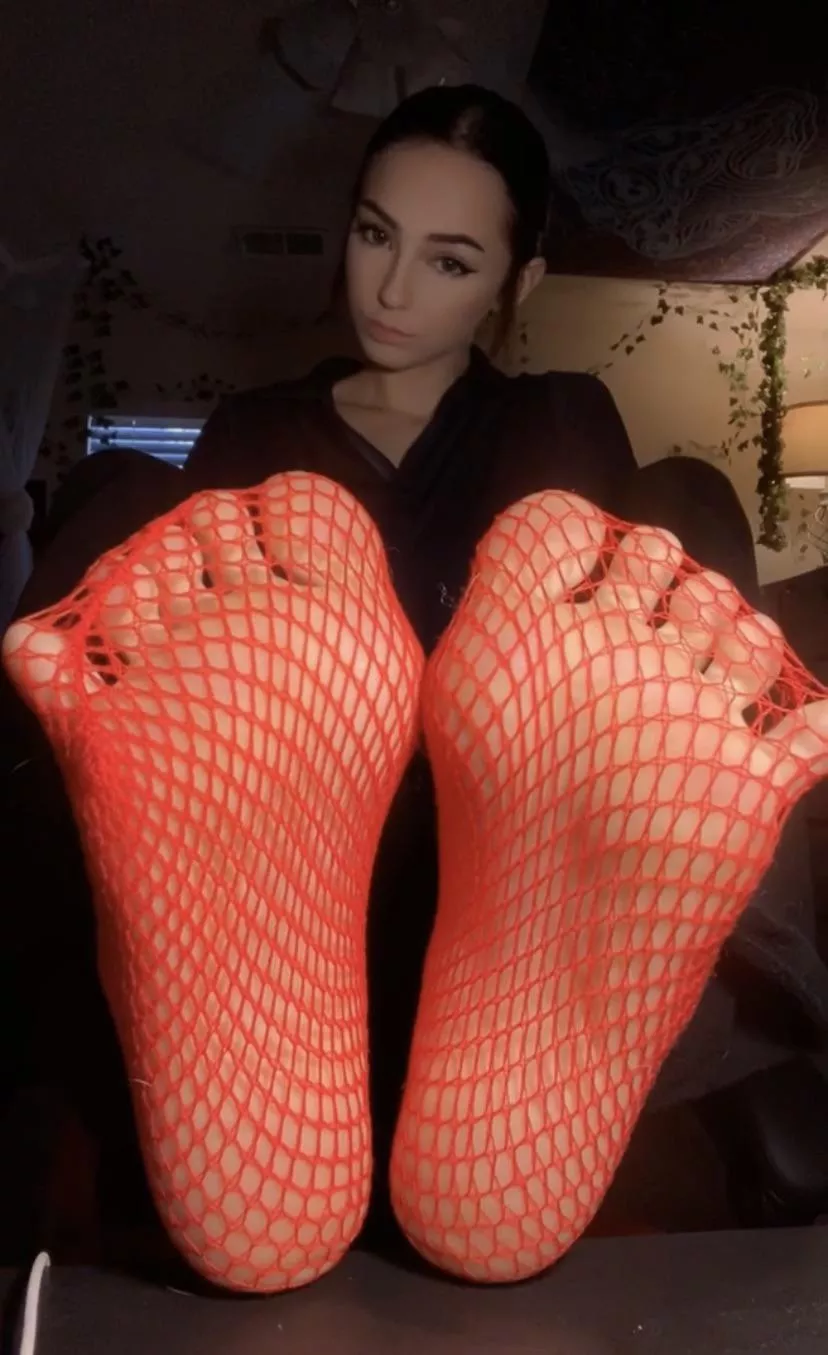 red fishnet socks and spread toes = your heaven