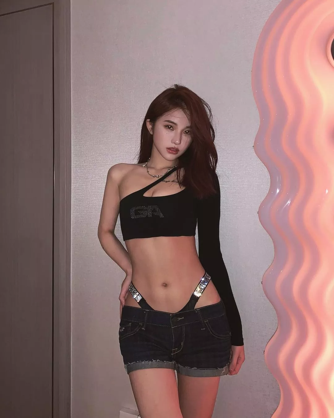 Boob tube and denim shorts