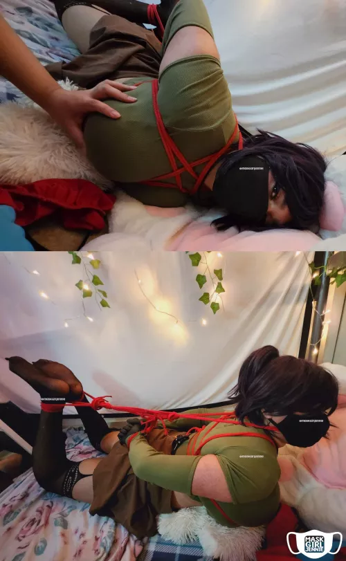 Feminized, Hogtied and gagged by my girlfriend. I was left here for three hours while she went and got her friends. She let each of them have a go at teasing and torturing me. I didn't know what kind of release I wanted first!! [M]