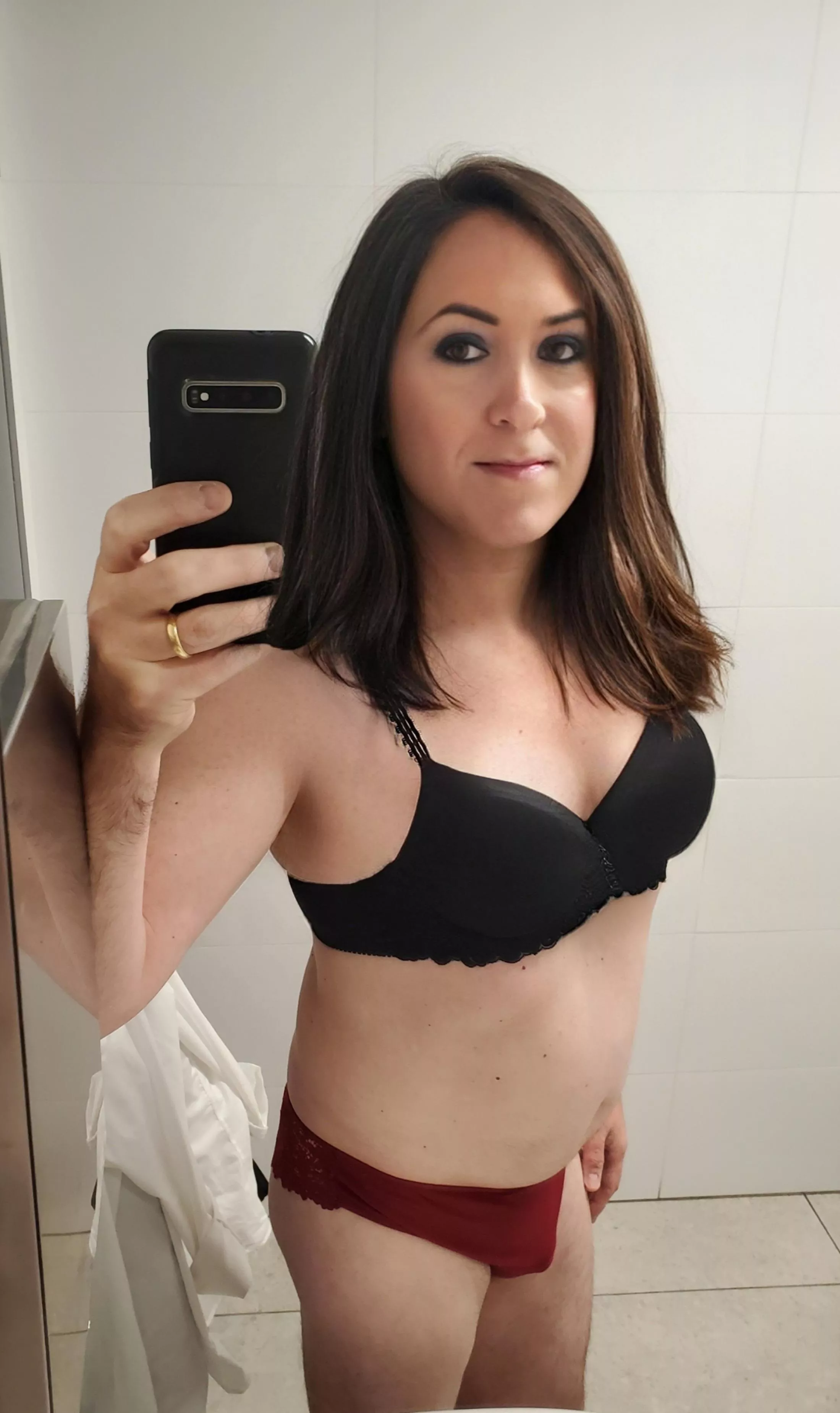 Good Morning! Do you like my cute little bulge in my red panties?