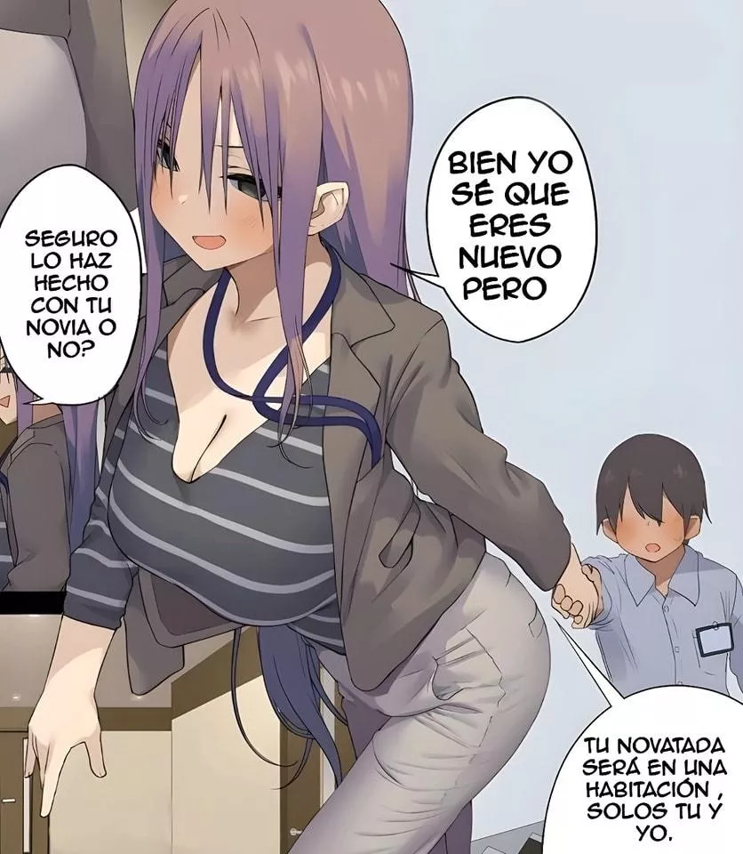 LF Color Source: 1girl, 1boy, long hair, short hair, white pants, open jacket, large breasts, shirt, open mouth, holding hands, purple hair, black hair, blush, foreign text 