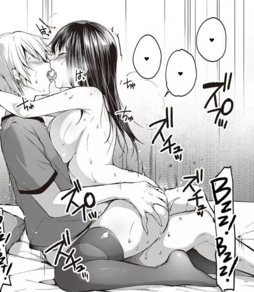 LF Mono Source: 1boy, 1girl, bottomless male, nude female, kiss, long hair, foreign sfx, hearts, black hair, big breasts, 