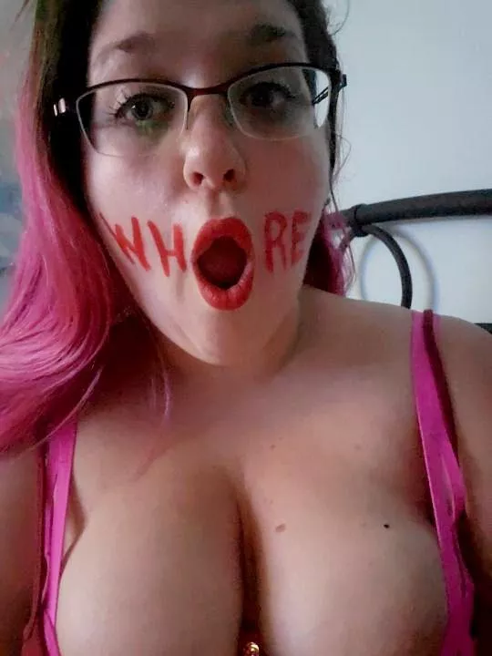 My latest fat-uddered slave doing a classic whoreface