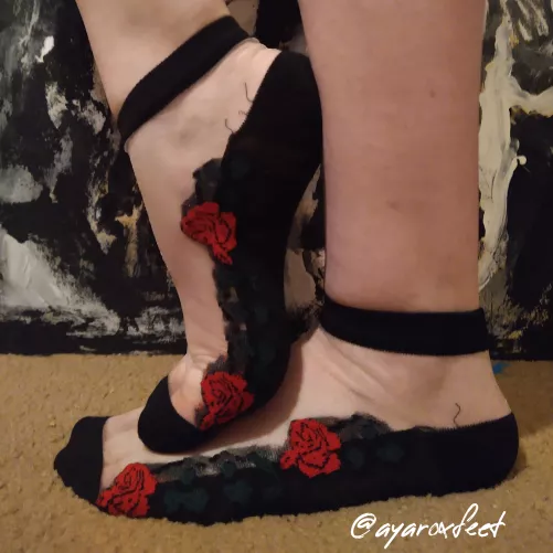 Black and sheer ankle socks with red flowers, arches (F)