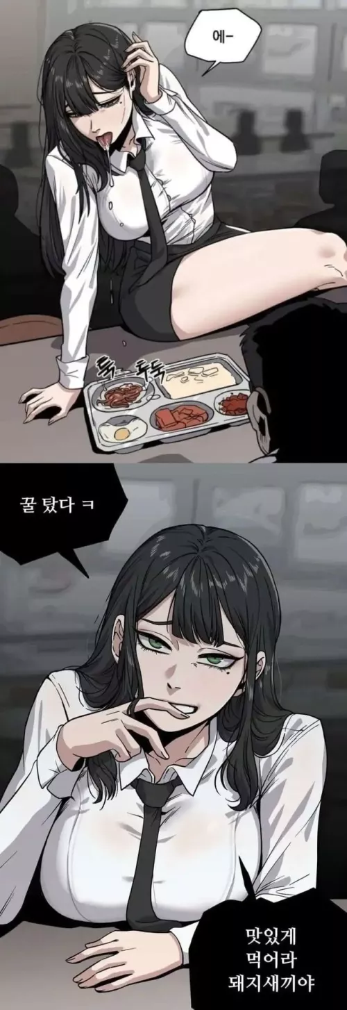Color 1girl, adjusting hair, bacon, black hair, black necktie, black skirt, breast rest, cafeteria, drool, egg, finger biting, food, green eyes, large breasts, long sleeves, looking at viewer, manhwa/webtoon, mole under eye, ruffling hair, shirt tucked i