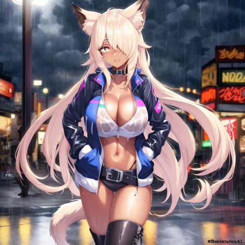 Cyberpunk Neko in rain. [AI]