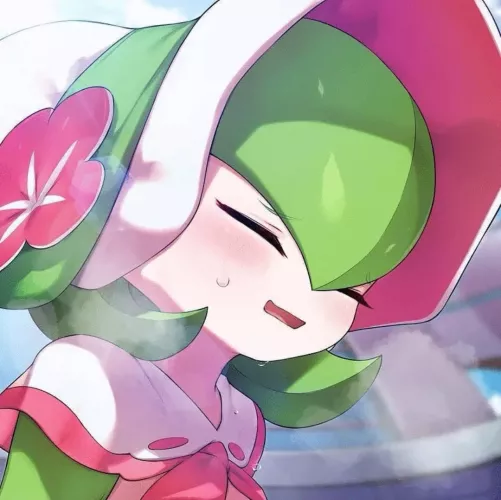 LF Color Source: 1girl, blush, breath, close up, closed eyes, face, gardevoir, hair flower, hat, parted lips, pokemon, scarf, steam, sweat, sweatdrop