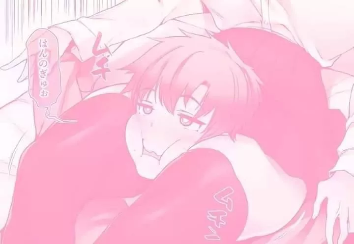 Mono 1boy, 1girl, black skirt, blonde hair, buttons, close up, color, foreign sfx, foreign text, green shirt, hair between eyes, head between thighs, head out of frame, light hair, long sleeves, pink tint/pink filter, scissorhold, shirt tucked in, skirt,