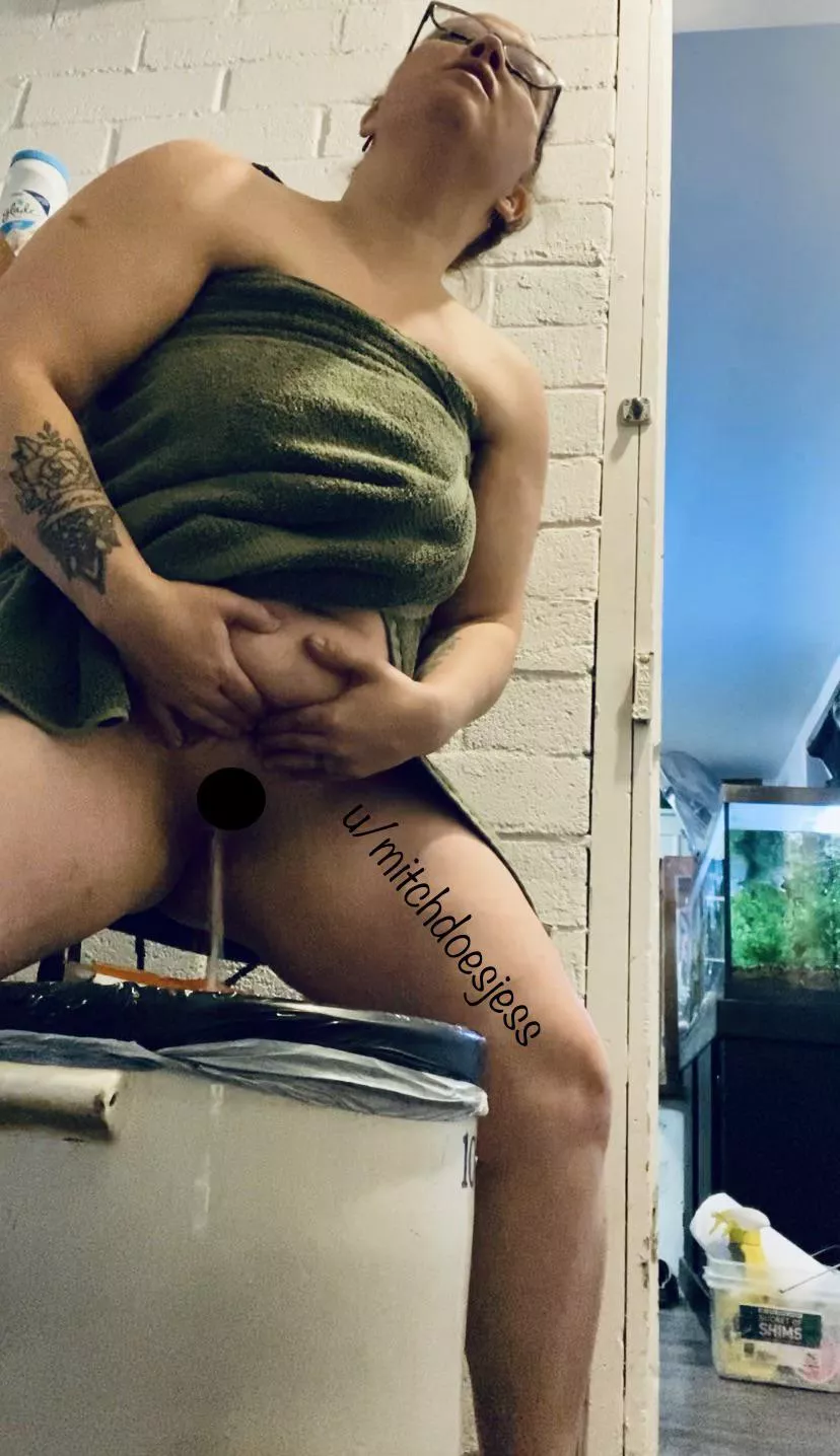 Relieving myself in the trash can because all the bathrooms were full