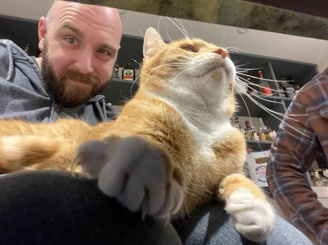 Alfie is the mascot of our d&d party. Seen here doing 1d4 piercing damage to my leg.