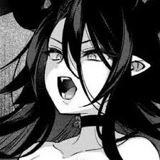 LF Mono Source: 1girl, bare shoulders, black hair, choker, close up, collarbone, demon girl, face, fang, hair between eyes, horns, long hair, lower teeth, open mouth, pointy ears, sidelocks, slit pupils, upper teeth