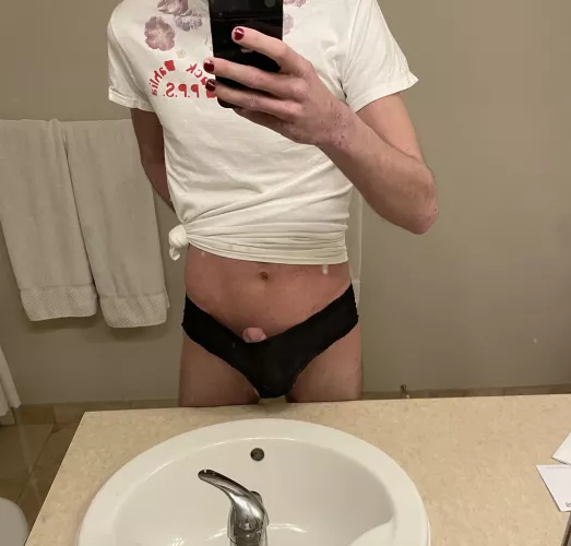 Rock hard in my moms black laced panties