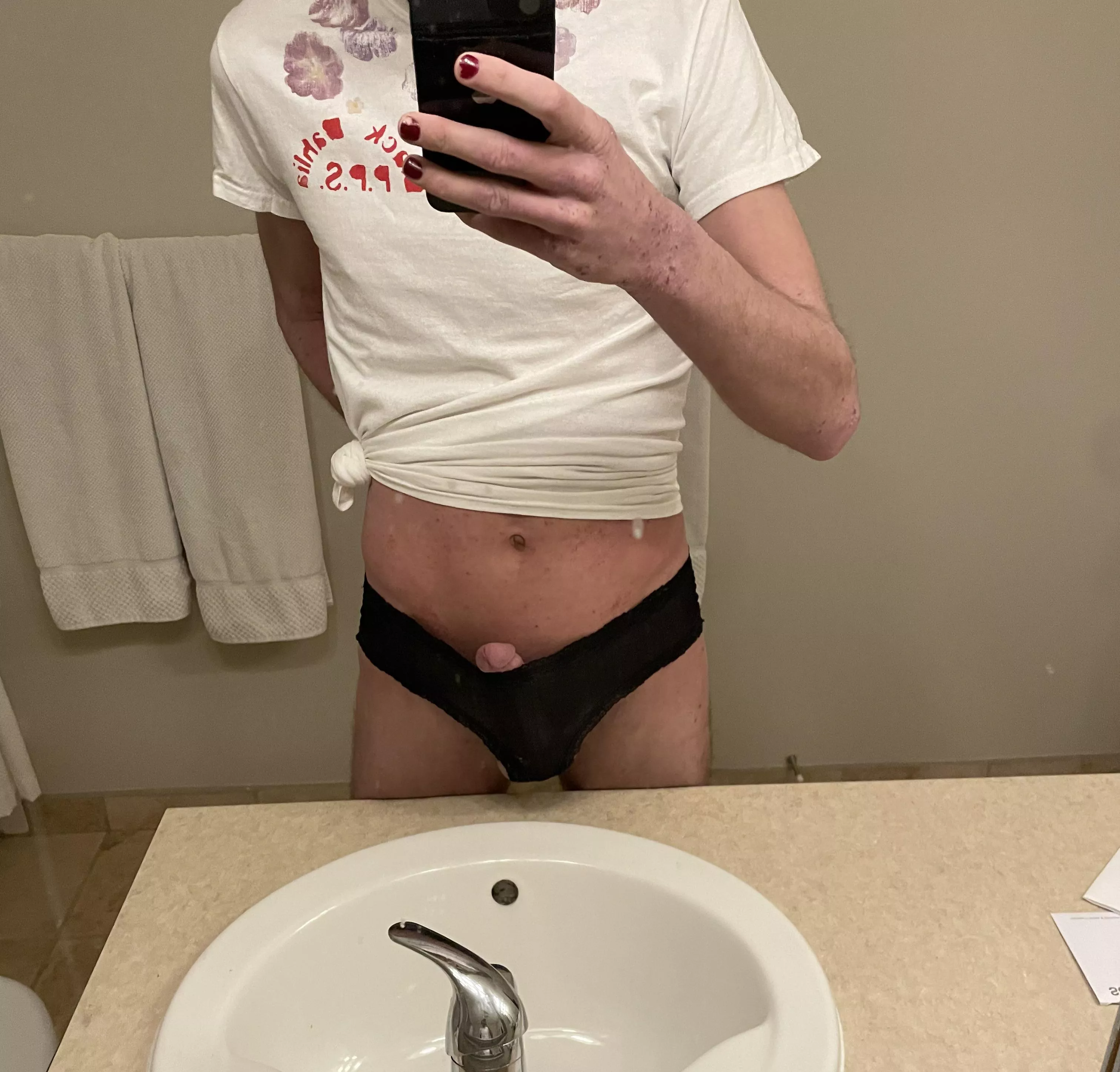 Rock hard in my moms black laced panties