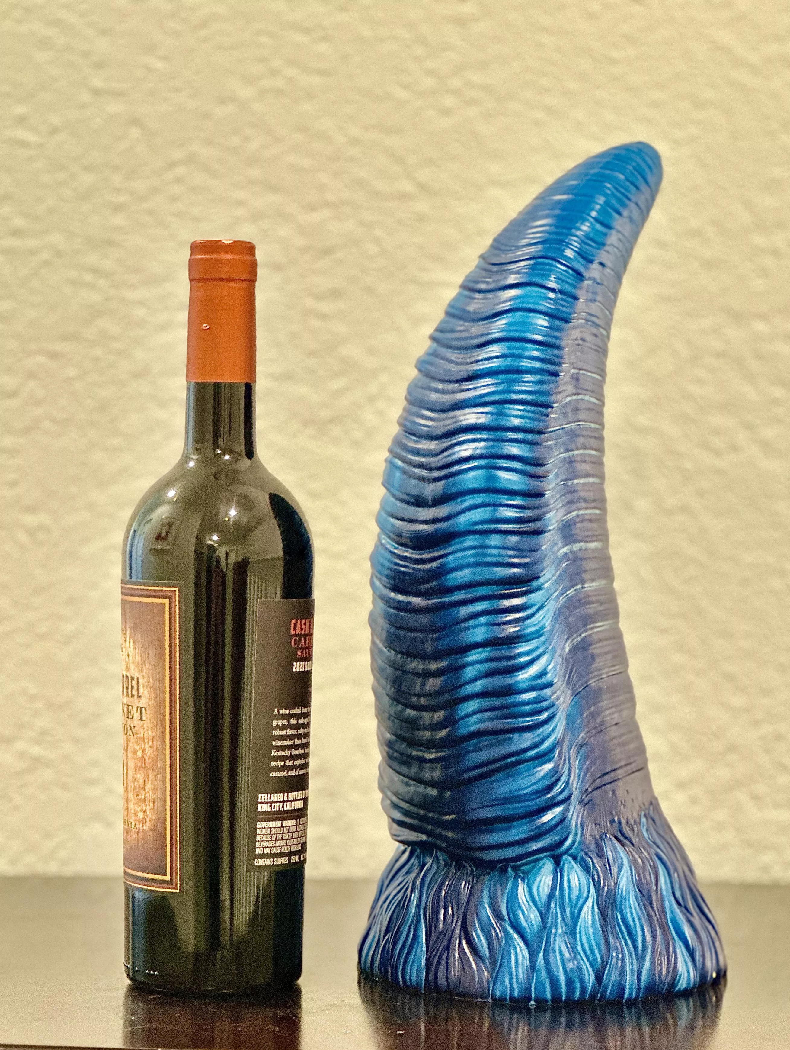 A nice big, beautiful six pound package was just dropped off. XL Echo’s Horn in Soft with Suction cup. Content to cum soon. Wine bottle for scale. #xlechoshorn #echoshorn #baddragon