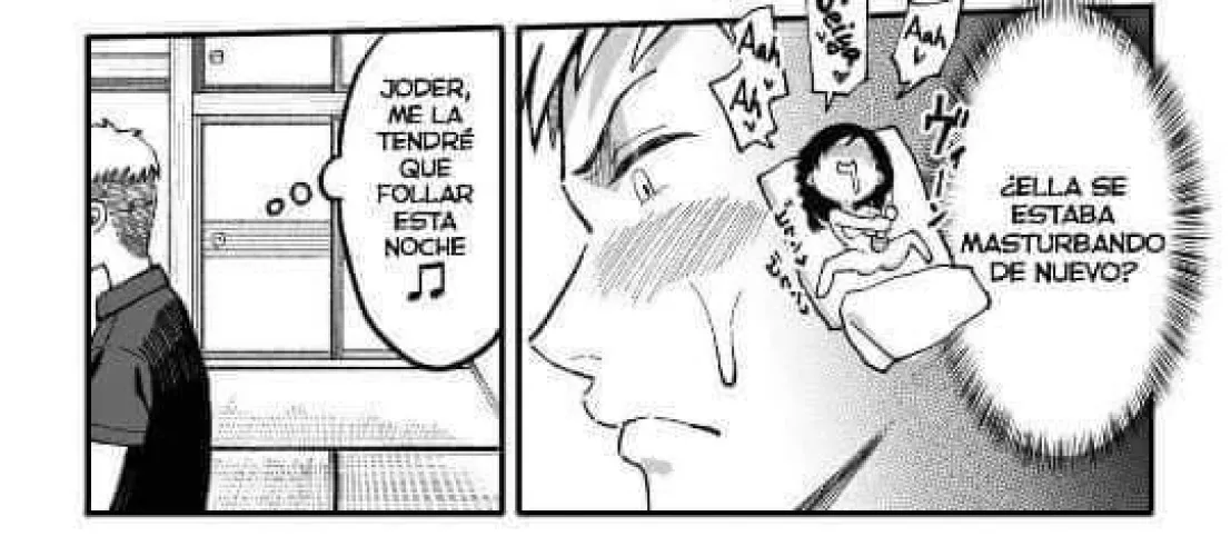 LF Mono Source: 1boy, 1girl, thinking, undercut, short hair, sweat, masturbation, vibrator, futon, blush, saliva, door, thought bubble, foreign sfx, foreign text, 