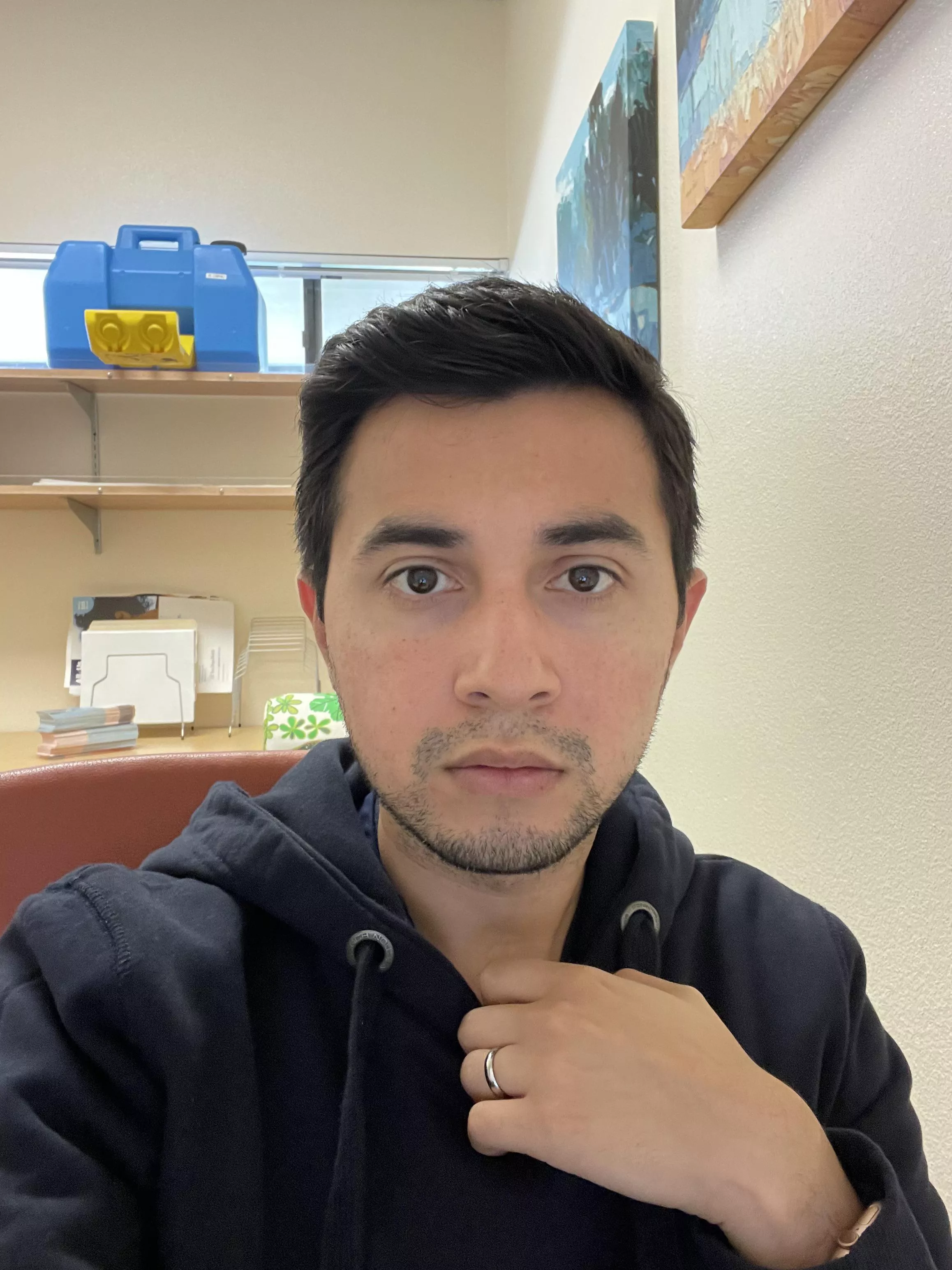 Looking serious at work. Also didn’t shave this morning