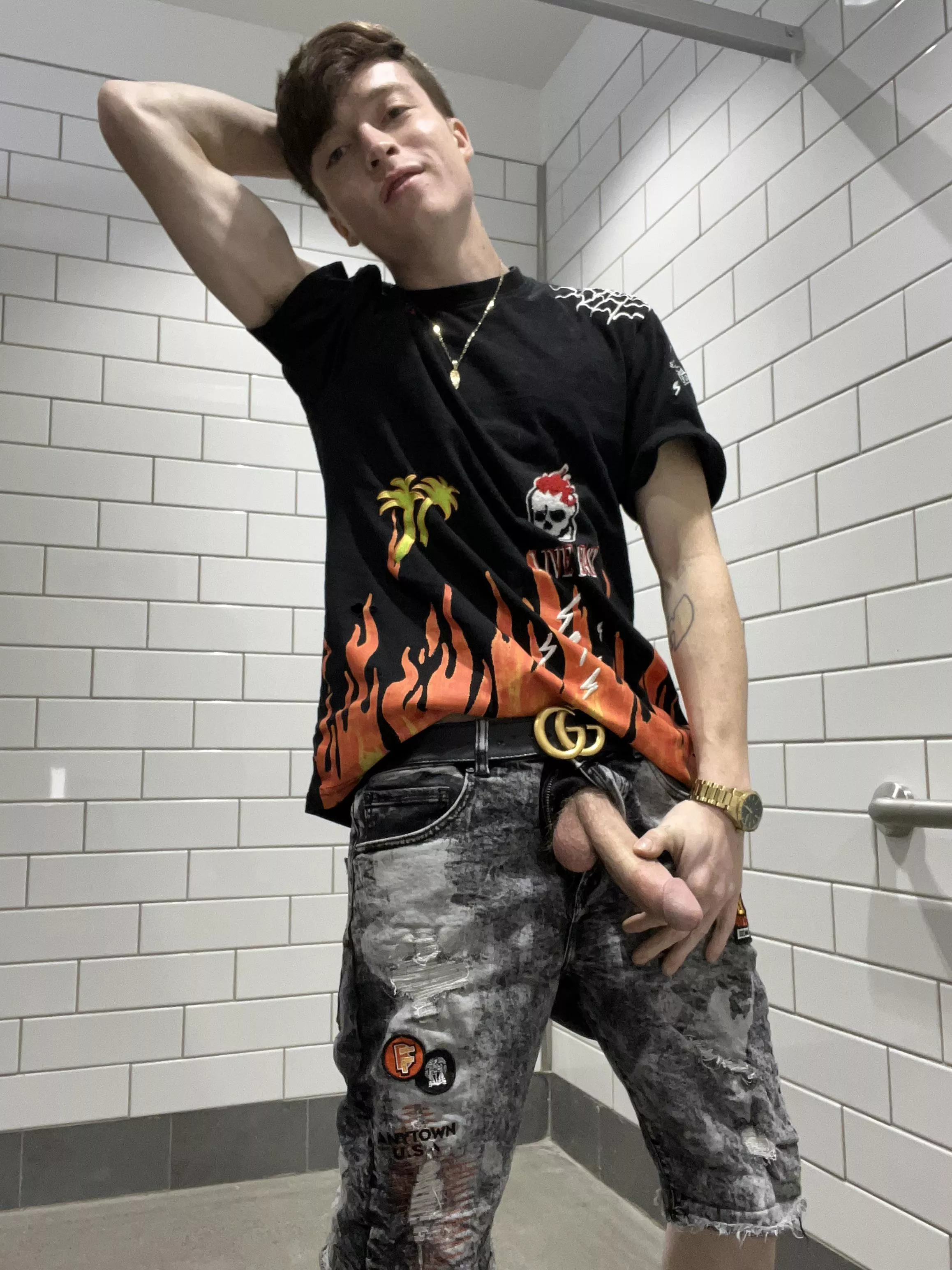 Hope no one comes in the unlocked bathroom