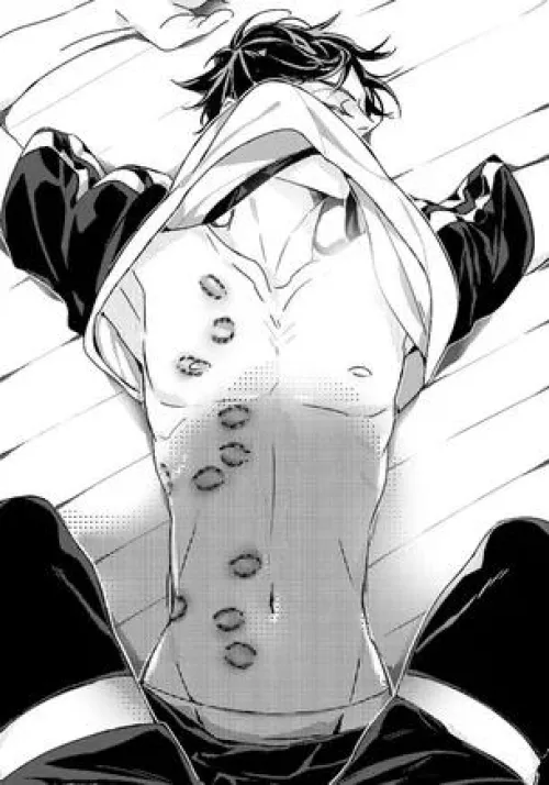 LF Mono Source: 1boy, bite marks, hickey, uniform, asleep, floor, torso, lying, on back, shirt lift, zettai ryouiki, pov, from above, 1other, short hair, black hair, arms up, armpit, groin