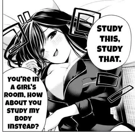 LF Mono source: “Study this, study that.”, “You're in a girl's room, how about you study my body instead?”, laying down, long hair, dark hair, smug face, inner side boob, pajamas, sfx, blush, arm under boobs, slightly exposed breasts, slightly 