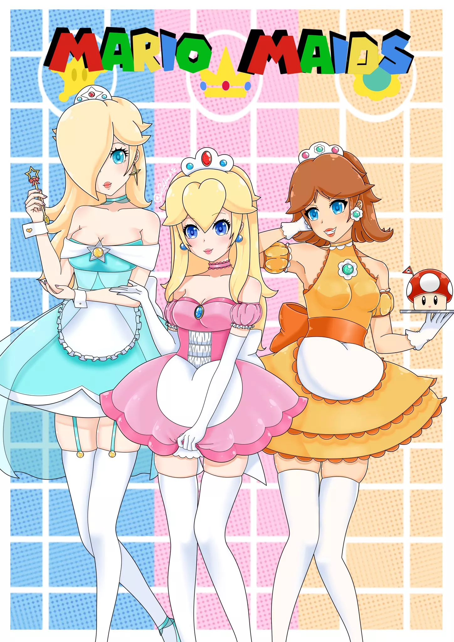 Rosalina, Peach, and Daisy in maid outfits [KakookieUwU]